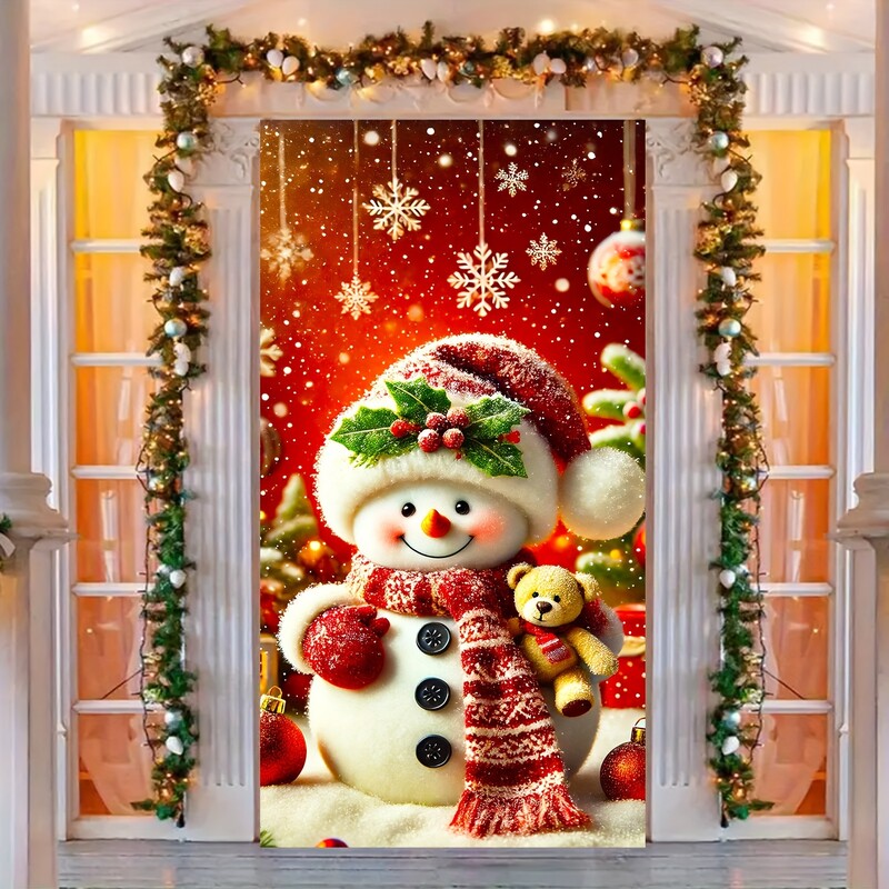Bájos hóember ajtótakaró piros sállal és cilinderrel - 35,4x70,8" poliészter, tökéletes téli nyaraláshoz és bejárati dekorációhoz