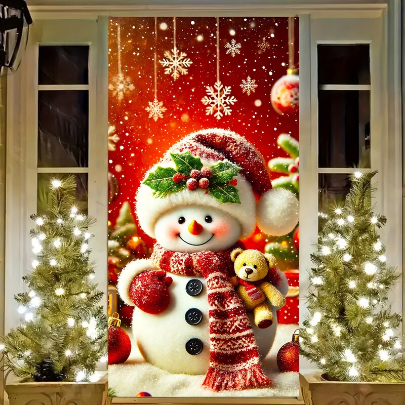 Bájos hóember ajtótakaró piros sállal és cilinderrel - 35,4x70,8" poliészter, tökéletes téli nyaraláshoz és bejárati dekorációhoz
