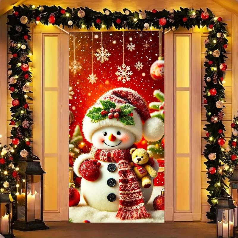 Bájos hóember ajtótakaró piros sállal és cilinderrel - 35,4x70,8" poliészter, tökéletes téli nyaraláshoz és bejárati dekorációhoz