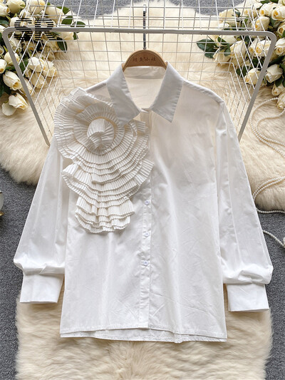 SINGREINY fodros francia őszi ing női tömör hosszú ujjú bő, elegáns divat 2023 női virágos karcsú alkalmi blúz