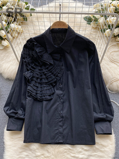 SINGREINY fodros francia őszi ing női tömör hosszú ujjú bő, elegáns divat 2023 női virágos karcsú alkalmi blúz