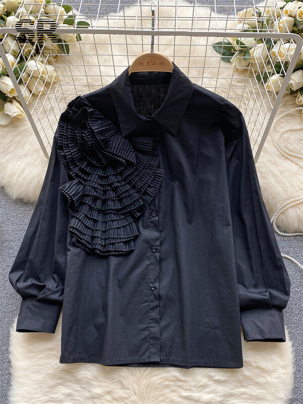 SINGREINY fodros francia őszi ing női tömör hosszú ujjú bő, elegáns divat 2023 női virágos karcsú alkalmi blúz