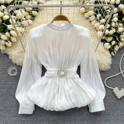 Femei Chic Bandaje decolteu cu volane plisate cu mânecă lungă, solid, subțire, sexy, coreeană, cămașă de vară pentru femei