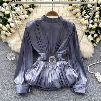 Femei Chic Bandaje decolteu cu volane plisate cu mânecă lungă, solid, subțire, sexy, coreeană, cămașă de vară pentru femei