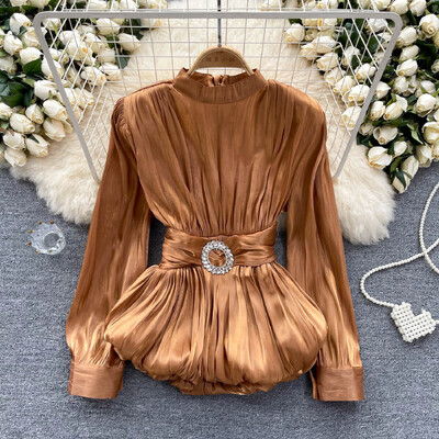 Femei Chic Bandaje decolteu cu volane plisate cu mânecă lungă, solid, subțire, sexy, coreeană, cămașă de vară pentru femei