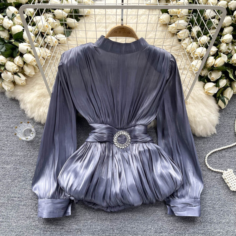 Femei Chic Bandaje decolteu cu volane plisate cu mânecă lungă, solid, subțire, sexy, coreeană, cămașă de vară pentru femei