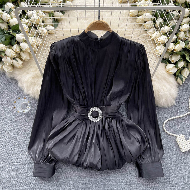 Femei Chic Bandaje decolteu cu volane plisate cu mânecă lungă, solid, subțire, sexy, coreeană, cămașă de vară pentru femei