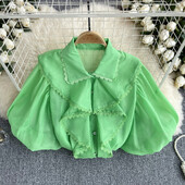 Elegáns csipke fodros ujjú hajtókás blúz Vékony szexi cuki ing Női Utcai ruházat Francia divat Crop felső