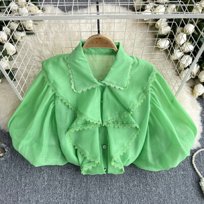 Elegáns csipke fodros ujjú hajtókás blúz Vékony szexi cuki ing Női Utcai ruházat Francia divat Crop felső
