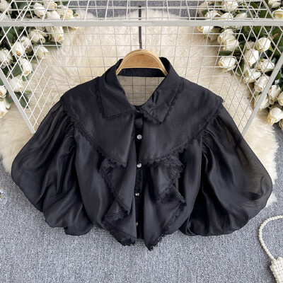 Elegáns csipke fodros ujjú hajtókás blúz Vékony szexi cuki ing Női Utcai ruházat Francia divat Crop felső