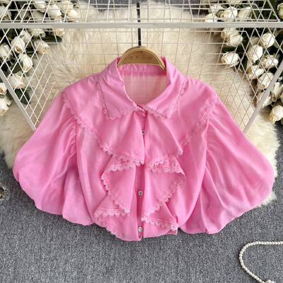 Elegáns csipke fodros ujjú hajtókás blúz Vékony szexi cuki ing Női Utcai ruházat Francia divat Crop felső