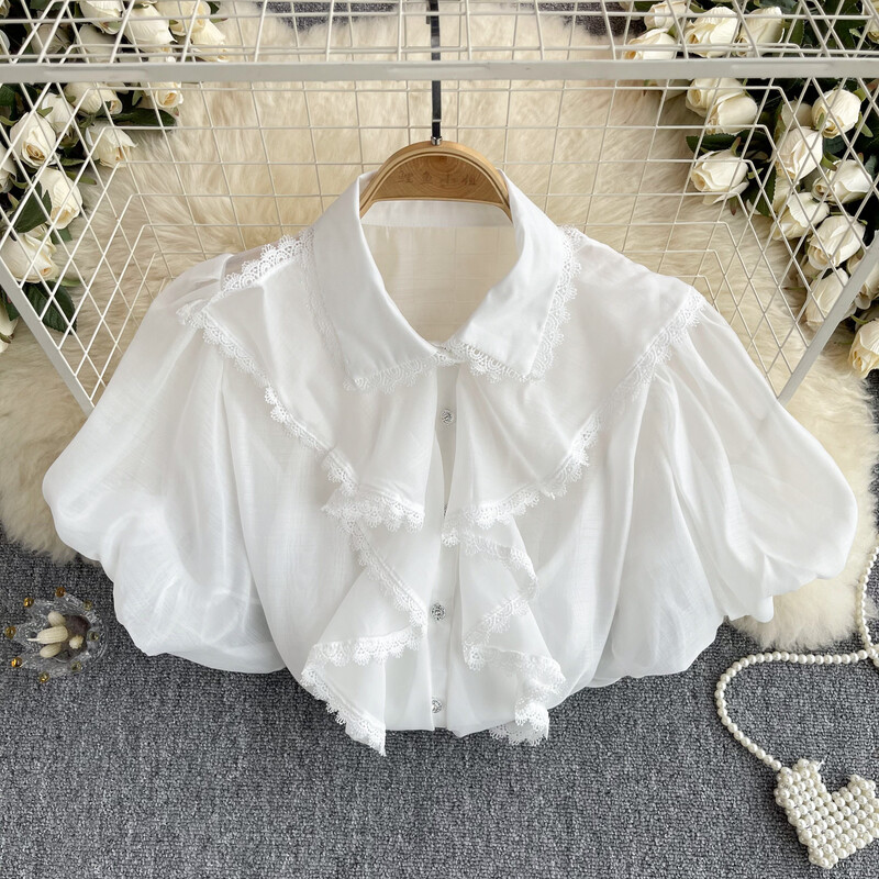 Elegáns csipke fodros ujjú hajtókás blúz Vékony szexi cuki ing Női Utcai ruházat Francia divat Crop felső