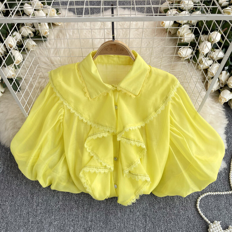 Elegáns csipke fodros ujjú hajtókás blúz Vékony szexi cuki ing Női Utcai ruházat Francia divat Crop felső