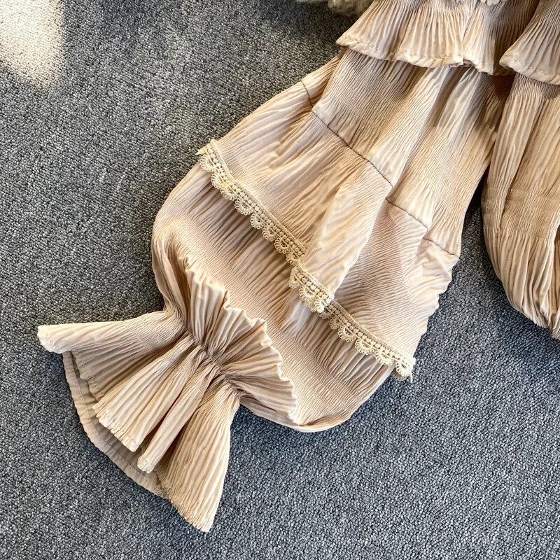 Francia elegáns, elegáns blúz női csipke patchwork áttetsző női blusas De Mujer fodros, hosszú puffos ujjú, O-nyakú Blusas Dropshipping