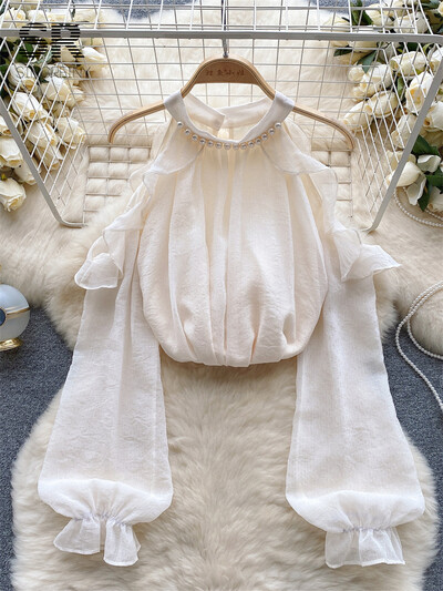 SINGREINY gyöngyfűző, fodros, elegáns női ing, masszív, nyakú váll nélkül, hosszú ujjú sifon női divat, őszi, alkalmi blúz