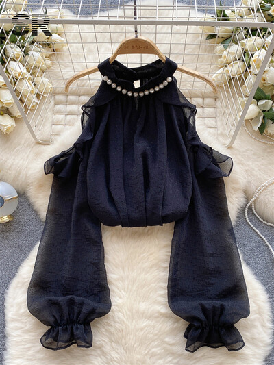 SINGREINY gyöngyfűző, fodros, elegáns női ing, masszív, nyakú váll nélkül, hosszú ujjú sifon női divat, őszi, alkalmi blúz