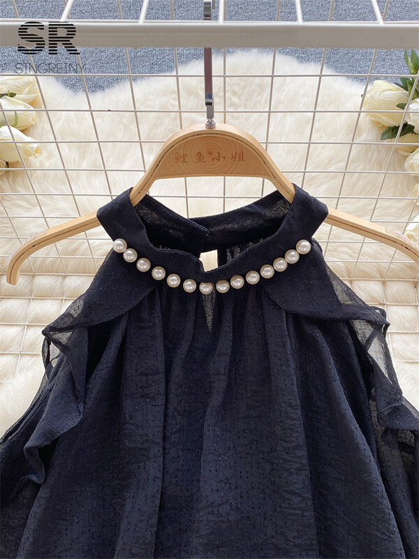 SINGREINY gyöngyfűző, fodros, elegáns női ing, masszív, nyakú váll nélkül, hosszú ujjú sifon női divat, őszi, alkalmi blúz