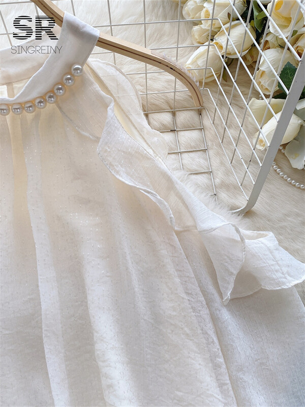 SINGREINY gyöngyfűző, fodros, elegáns női ing, masszív, nyakú váll nélkül, hosszú ujjú sifon női divat, őszi, alkalmi blúz