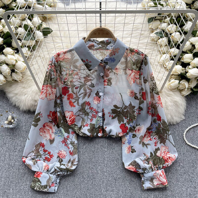 Vintage elegáns puff hosszú ujjú mintás blúz divatos ing Alkalmi elegáns felső tündér nyári női ing