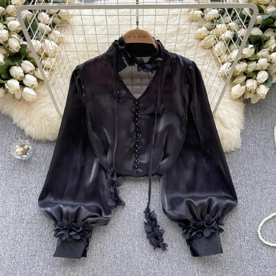 Őszi udvari stílus, halott virág, fűzős sifon ingek felsők tavaszi női szexi V-nyakú, hosszú ujjú, bő fekete fehér blúzok