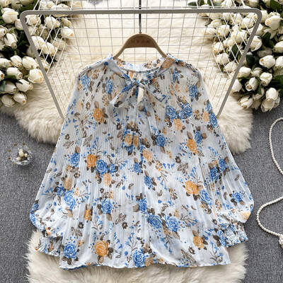 Elegáns Puff hosszú ujjú nyomtatott ing Vintage Elegáns Divat Alkalmi blúz Női masni Y2k Chiffon Nyári Top Új