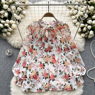 Elegáns Puff hosszú ujjú nyomtatott ing Vintage Elegáns Divat Alkalmi blúz Női masni Y2k Chiffon Nyári Top Új