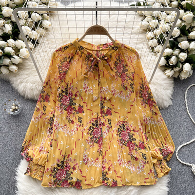 Elegáns Puff hosszú ujjú nyomtatott ing Vintage Elegáns Divat Alkalmi blúz Női masni Y2k Chiffon Nyári Top Új