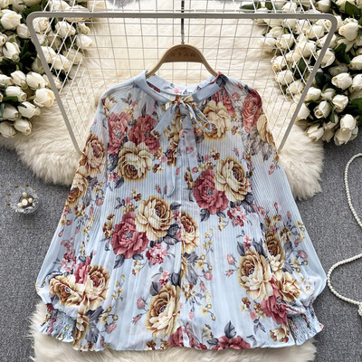 Elegáns Puff hosszú ujjú nyomtatott ing Vintage Elegáns Divat Alkalmi blúz Női masni Y2k Chiffon Nyári Top Új