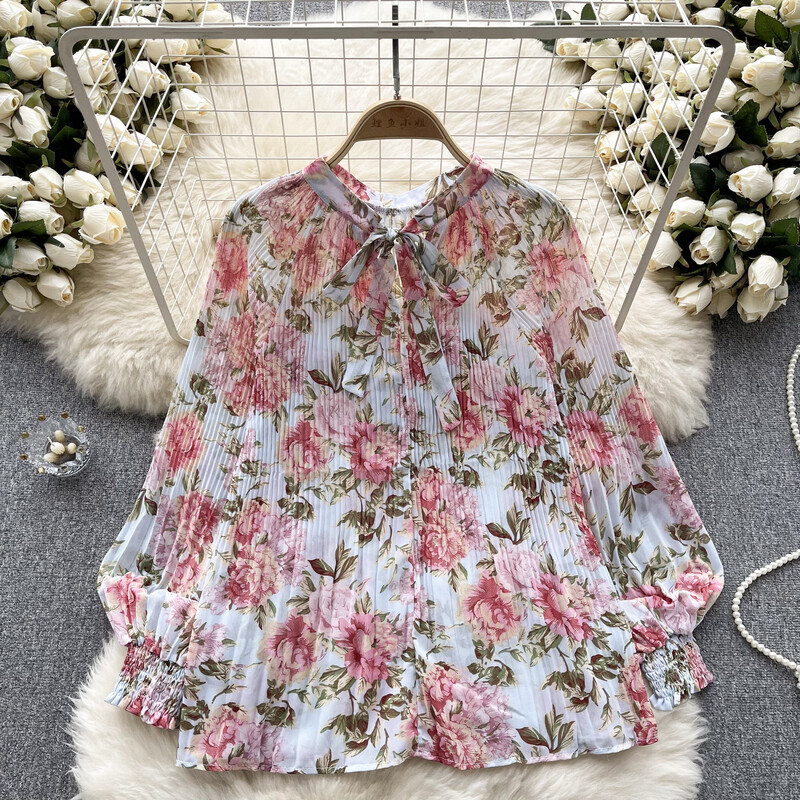 Elegáns Puff hosszú ujjú nyomtatott ing Vintage Elegáns Divat Alkalmi blúz Női masni Y2k Chiffon Nyári Top Új