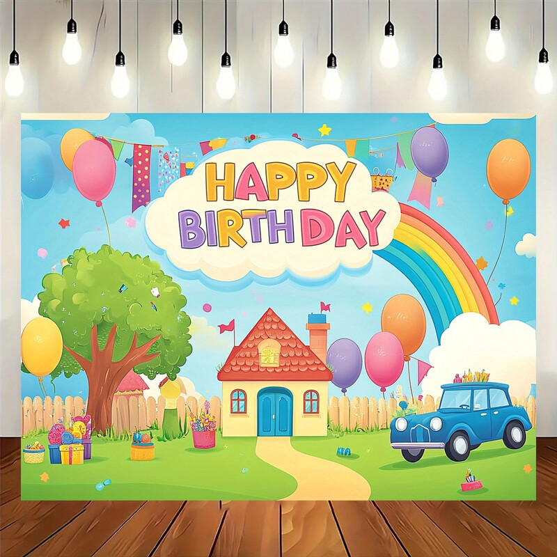 Φόντο Χρόνια πολλά για 1 άτομο, σχέδιο ρόδας λούνα παρκ και σχέδιο ντους με ουράνιο τόξο, πανό για πάρτι από πολυεστέρα