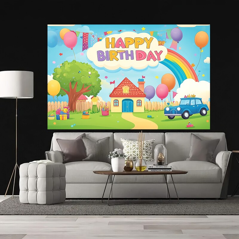 Φόντο Χρόνια πολλά για 1 άτομο, σχέδιο ρόδας λούνα παρκ και σχέδιο ντους με ουράνιο τόξο, πανό για πάρτι από πολυεστέρα