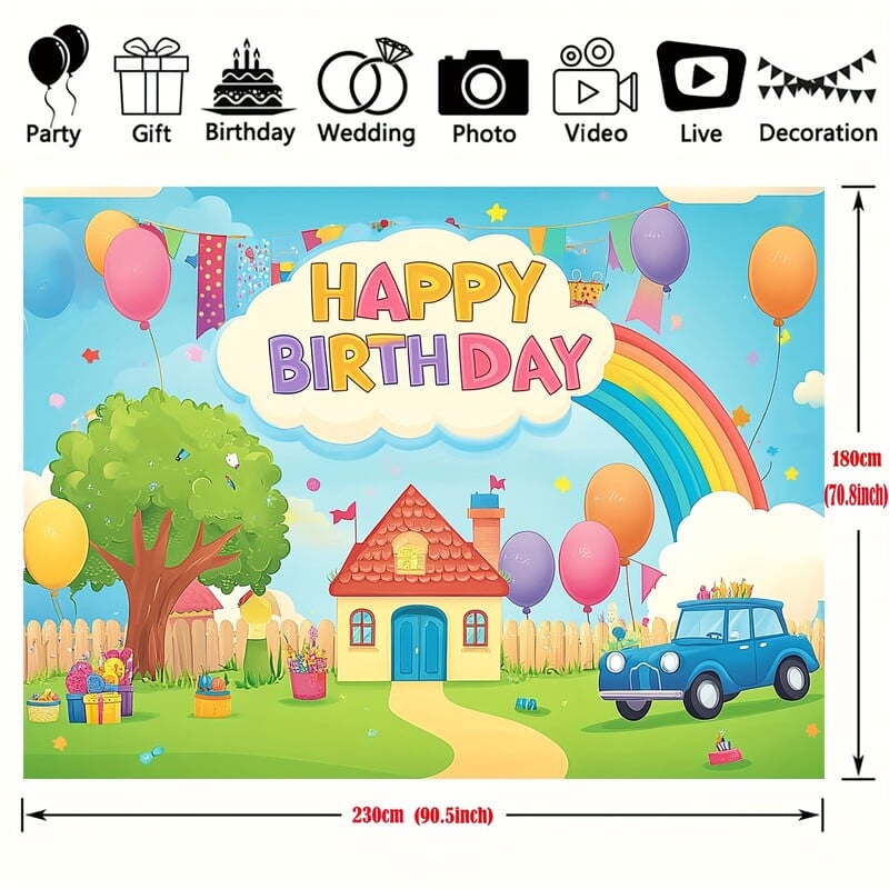 Φόντο Χρόνια πολλά για 1 άτομο, σχέδιο ρόδας λούνα παρκ και σχέδιο ντους με ουράνιο τόξο, πανό για πάρτι από πολυεστέρα