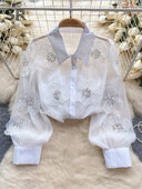 SINGREINY nyakkendő virág flitter bő ing női elegáns átlátszó hosszú ujjú hajtóka 2024 divatos női alkalmi karcsú blúz