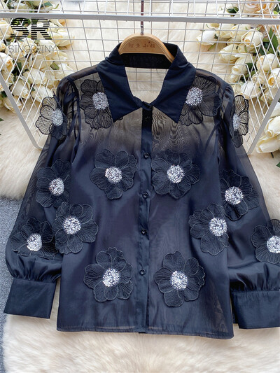 SINGREINY nyakkendő virág flitter bő ing női elegáns átlátszó hosszú ujjú hajtóka 2024 divatos női alkalmi karcsú blúz