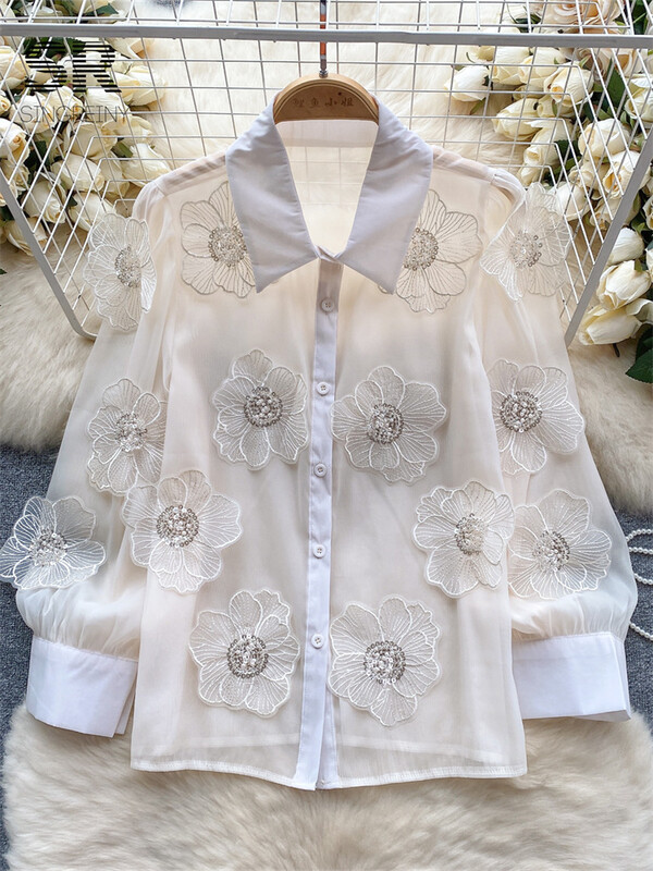 SINGREINY nyakkendő virág flitter bő ing női elegáns átlátszó hosszú ujjú hajtóka 2024 divatos női alkalmi karcsú blúz