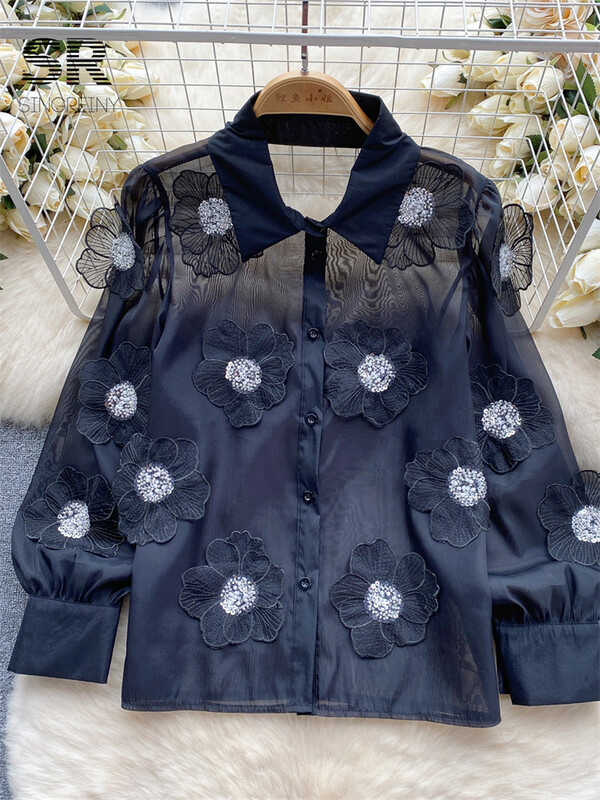 SINGREINY nyakkendő virág flitter bő ing női elegáns átlátszó hosszú ujjú hajtóka 2024 divatos női alkalmi karcsú blúz