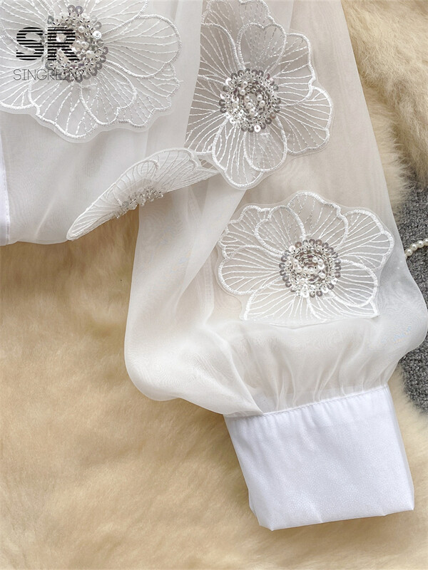 SINGREINY nyakkendő virág flitter bő ing női elegáns átlátszó hosszú ujjú hajtóka 2024 divatos női alkalmi karcsú blúz