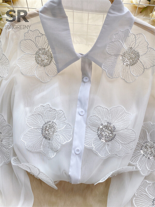 SINGREINY nyakkendő virág flitter bő ing női elegáns átlátszó hosszú ujjú hajtóka 2024 divatos női alkalmi karcsú blúz