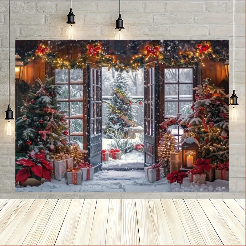 Sokoldalú poliészter karácsonyi háttér – rajzfilmfalu hóval, fenyőfákkal és cukorka dizájnnal ünnepekre és születésnapi bulikra