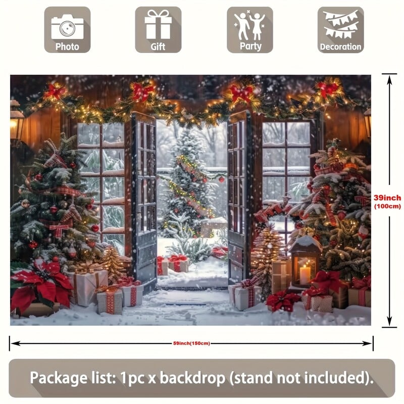 Sokoldalú poliészter karácsonyi háttér – rajzfilmfalu hóval, fenyőfákkal és cukorka dizájnnal ünnepekre és születésnapi bulikra