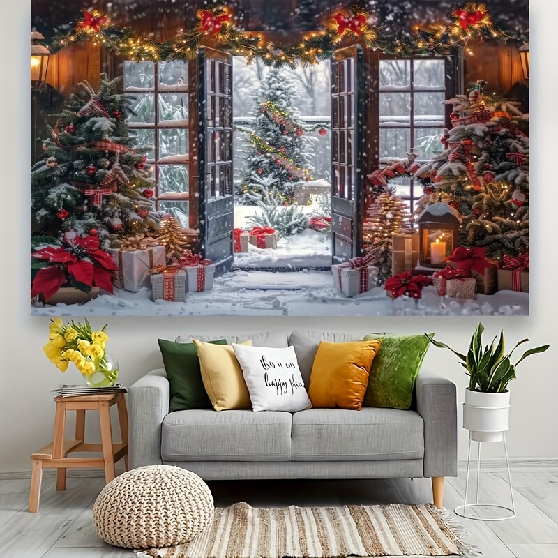 Sokoldalú poliészter karácsonyi háttér – rajzfilmfalu hóval, fenyőfákkal és cukorka dizájnnal ünnepekre és születésnapi bulikra