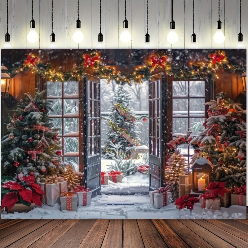 Sokoldalú poliészter karácsonyi háttér – rajzfilmfalu hóval, fenyőfákkal és cukorka dizájnnal ünnepekre és születésnapi bulikra