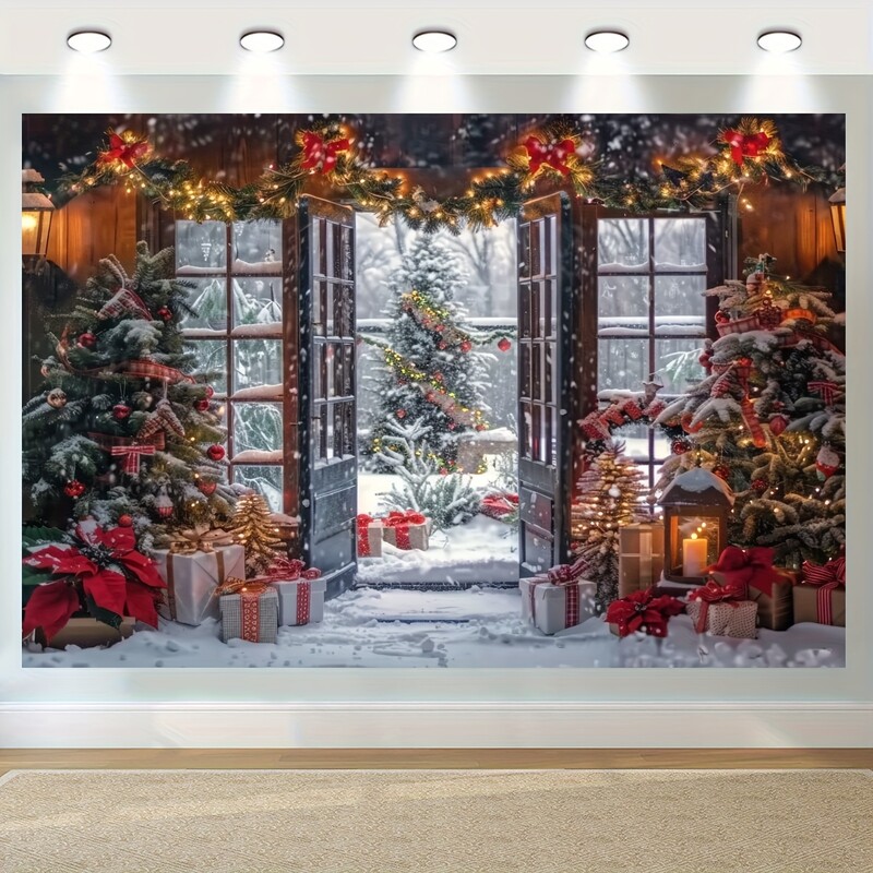 Sokoldalú poliészter karácsonyi háttér – rajzfilmfalu hóval, fenyőfákkal és cukorka dizájnnal ünnepekre és születésnapi bulikra
