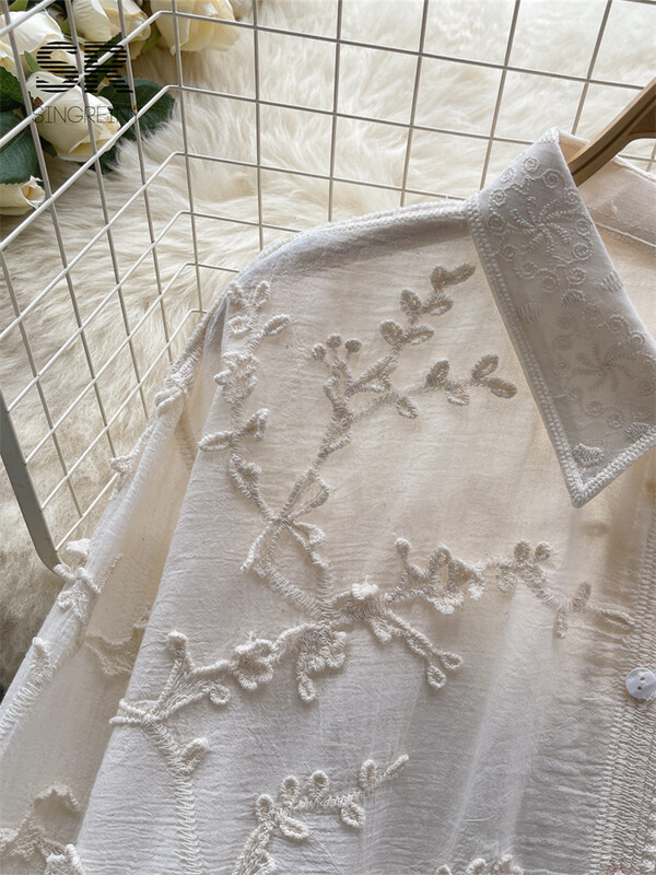 SINGREINY hímzéses bő ing női elegáns retro tömör hajtóka, hosszú ujjú kiváló minőségű női nyári divat udvari blúz