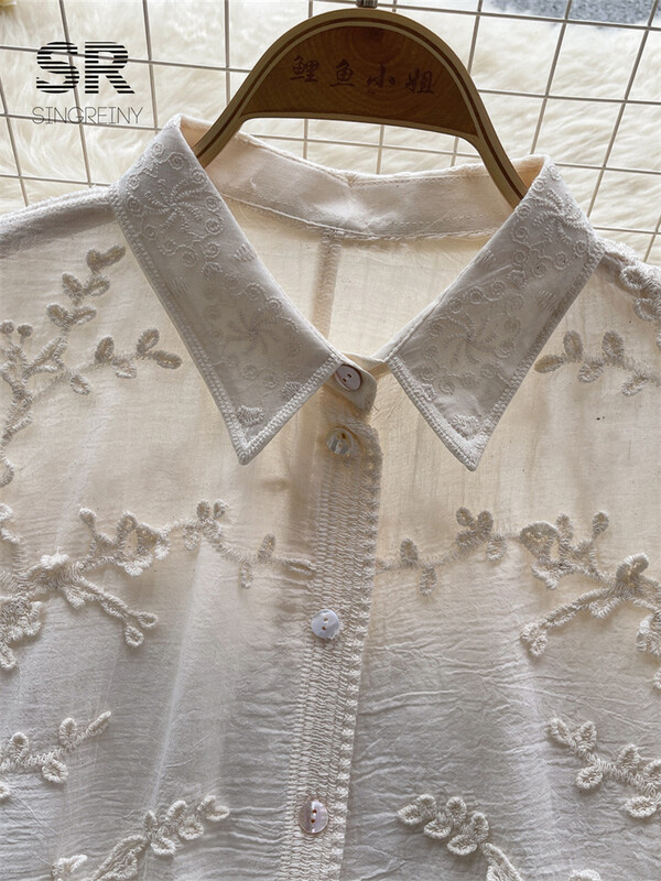 SINGREINY hímzéses bő ing női elegáns retro tömör hajtóka, hosszú ujjú kiváló minőségű női nyári divat udvari blúz