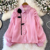 EWQ 3D Flower Patchwork édes női ing hajtóka gallér hosszú ujjú egysoros divatruházat 2024 őszi új 27X1150