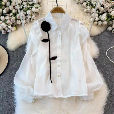 EWQ 3D Flower Patchwork édes női ing hajtóka gallér hosszú ujjú egysoros divatruházat 2024 őszi új 27X1150