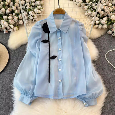 EWQ 3D Flower Patchwork édes női ing hajtóka gallér hosszú ujjú egysoros divatruházat 2024 őszi új 27X1150