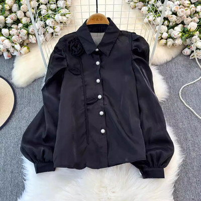 EWQ 3D Flower Patchwork édes női ing hajtóka gallér hosszú ujjú egysoros divatruházat 2024 őszi új 27X1150