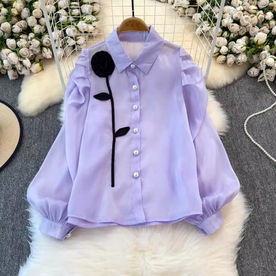 EWQ 3D Flower Patchwork édes női ing hajtóka gallér hosszú ujjú egysoros divatruházat 2024 őszi új 27X1150